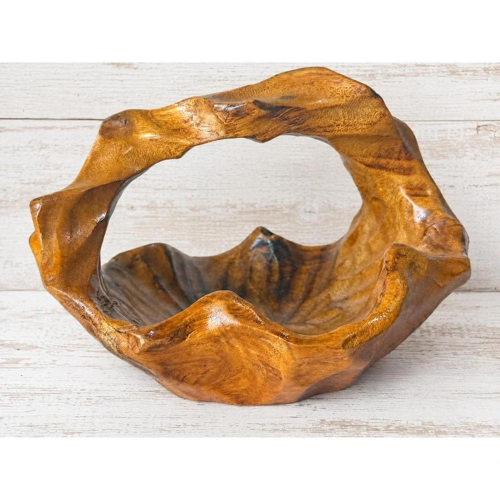 Vintage Primitive Burl Wood Basket Bowl Handled Hand Carved Rustic